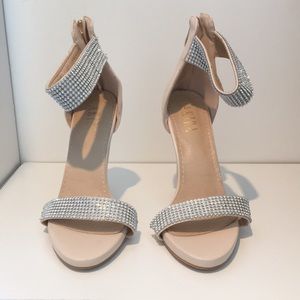 Akira nude sparkle open toe heels